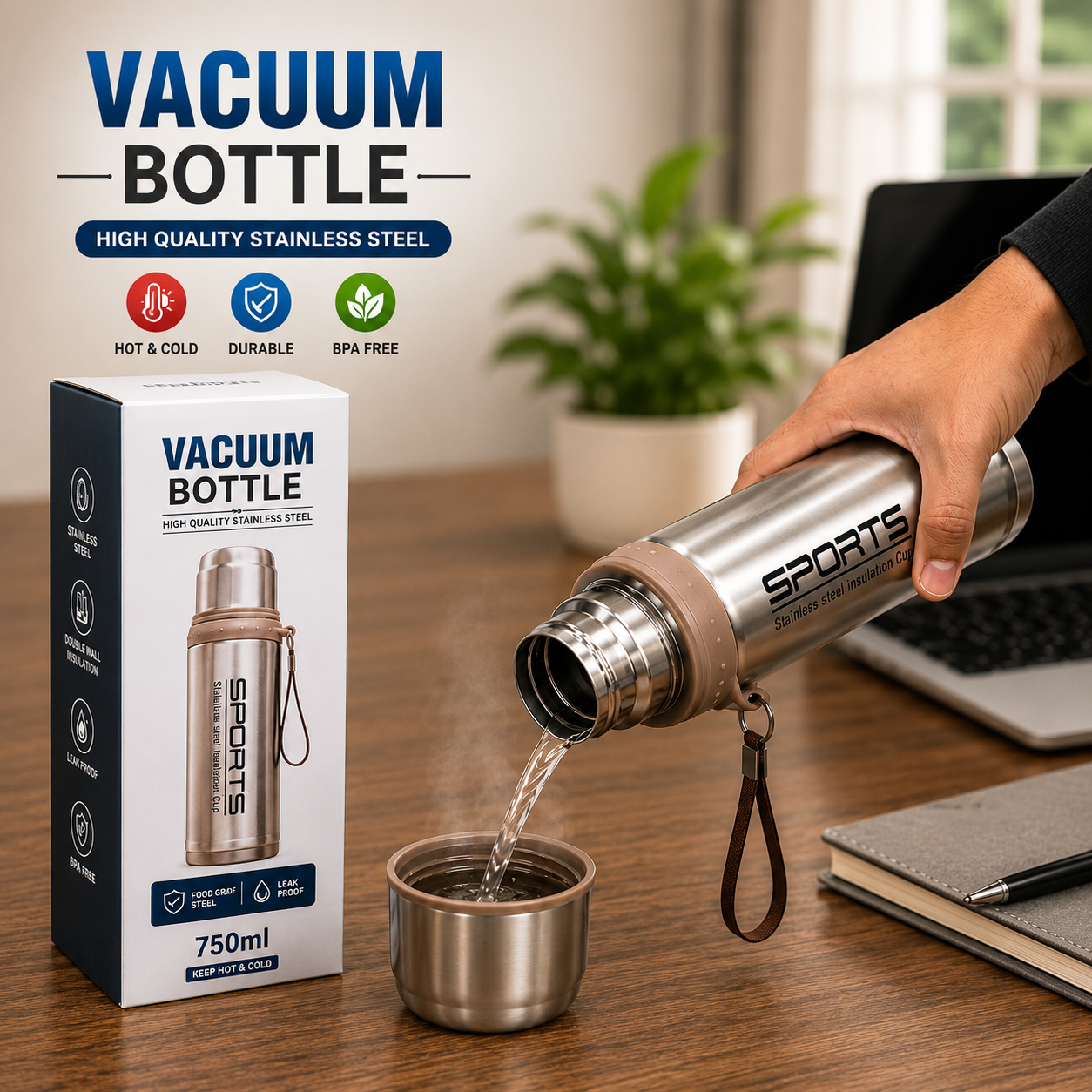 750ml Sports Vacuum Flask Bottle - Stainless Steel Insulated Water Bottle with Cup & Strap - Hot & Cold 12 Hours